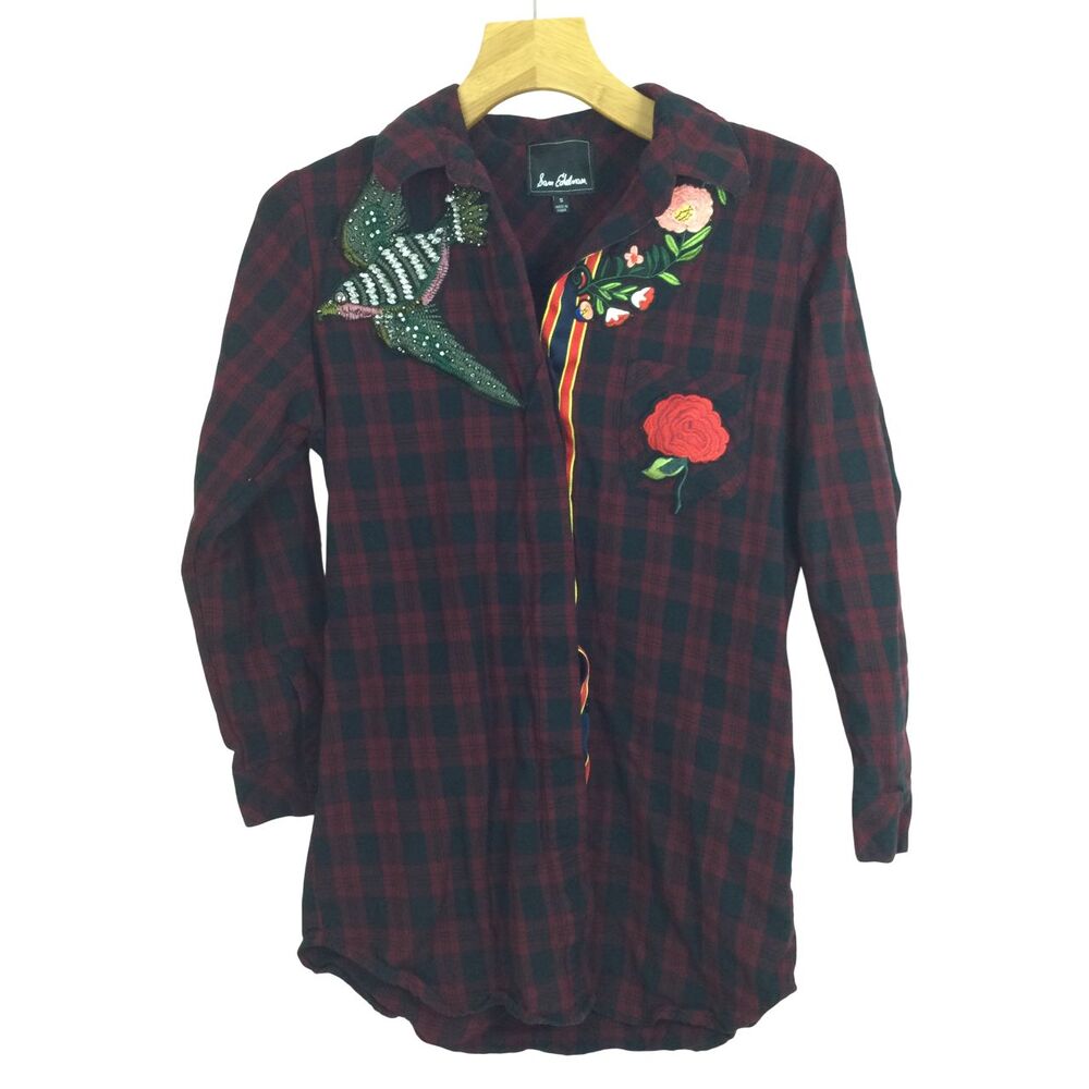 Sam Edelman Patchwork Flannel Sparrow Embellished Plaid Button Shirt Red Small